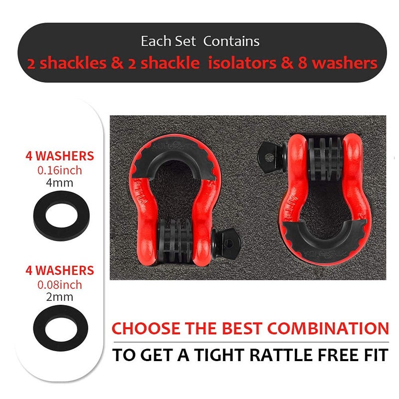 AUTOBOTS Shackles 3/4" (2 Pack), D Ring Shackles 45,000Ib Max Break Strength with 7/8" Pin & Isolator Washers Heavy Duty Clevis Shackle for Tow Strap Jeep Vehicle Off Road Recovery Red-Black - Image 3
